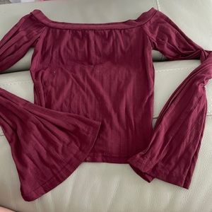 Burgundy Off the Shoulder Crop Top with Bell Sleeves size S